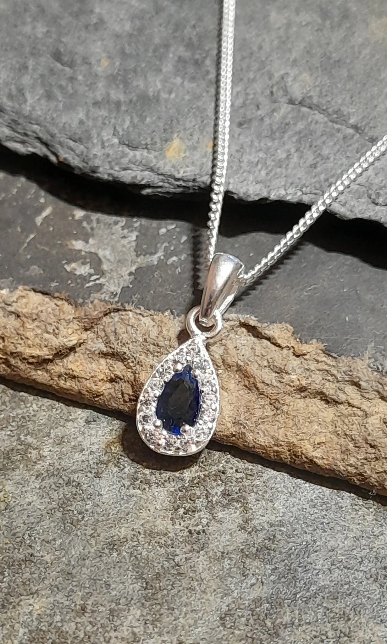 Teardrop Blue/Clear CZ Pendant with 18" Silver Chain