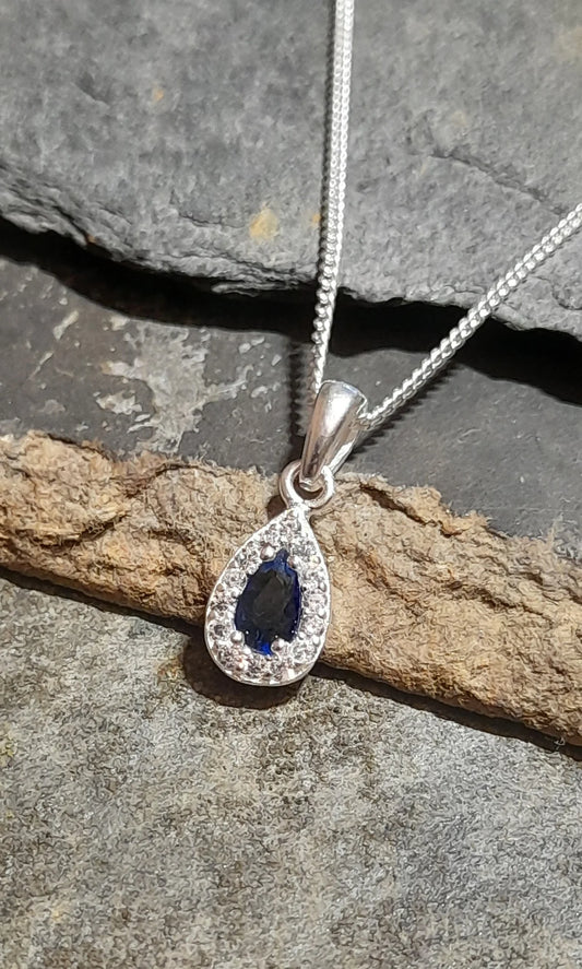 Teardrop Blue/Clear CZ Pendant with 18" Silver Chain